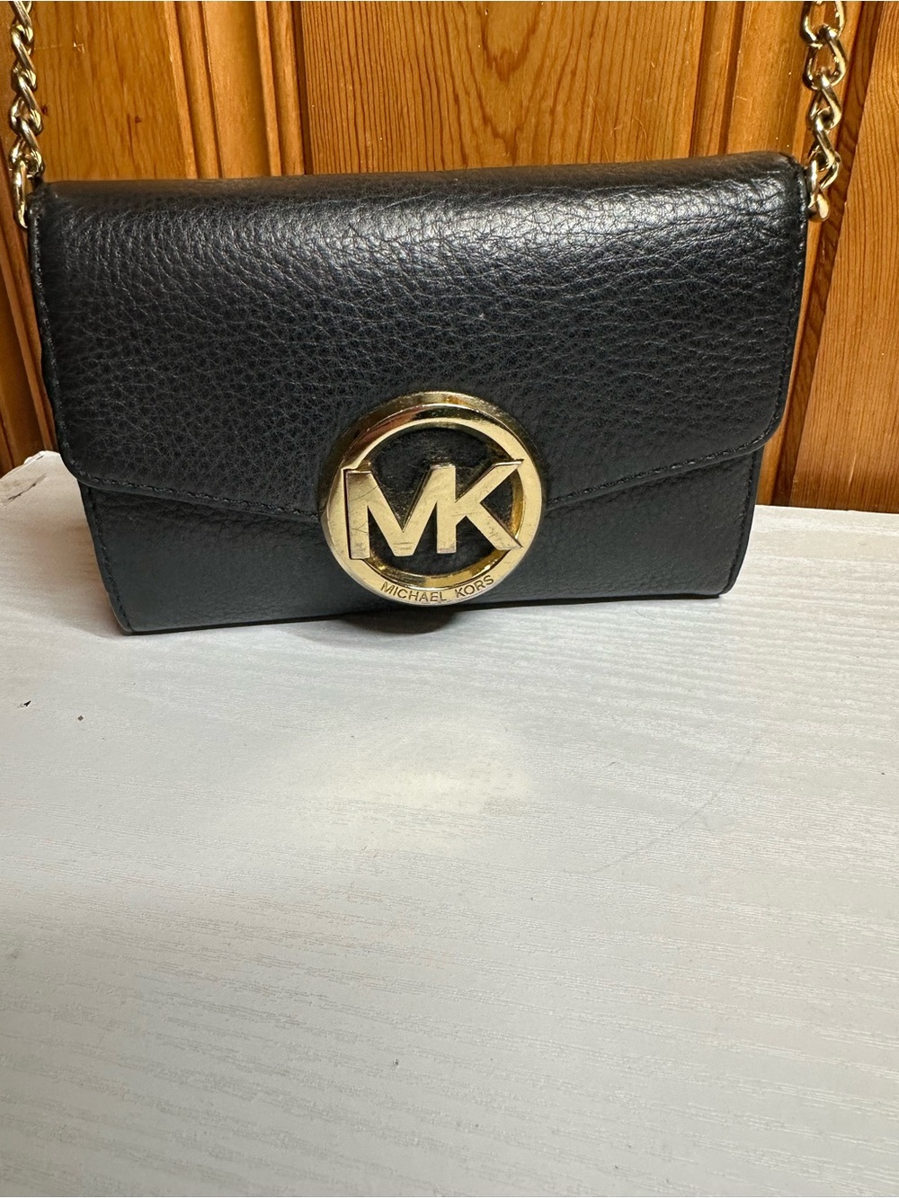 Michael Kors Black Leather Crossbody with Gold MK Emblem